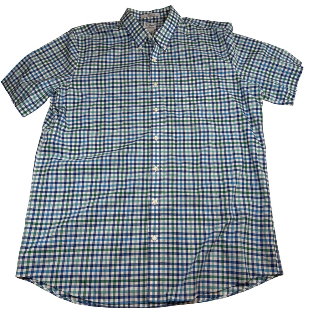 LL Bean Men XL Tall Wrinkle Free Slightly Fitted Gingham Shirt Blue Green 300282